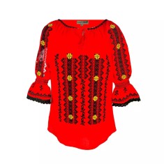 Bluza Tip Ie Traditionala Rosie cu Motiv Geometric Negru de Dama - IMS145