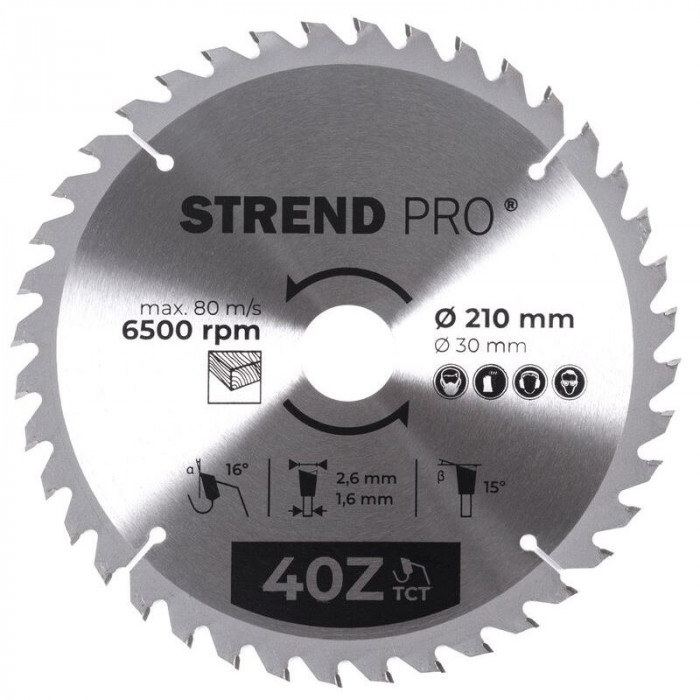 Disc circular vidia, pentru lemn, 40 dinti, 210 mm, Strend Pro