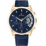 Cumpara ieftin Ceas Barbatesc Tommy Hilfiger Baker 1710451 Cronograf, Curea Piele Albastra, Cadran Albastru, Rezistent la Apa 5ATM, Auriu 43.5mm