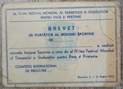 Brevet de purtator al insignei sportive// blanc, perioada comunista foto