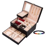 Set Cutie de bijuterii, etajata, neagra, Misteriosa, cu cheita, 22.5x17x12cm, inclus Bratara energetica aromaterapie, 7 Chakre, roca vul