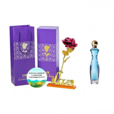 Set complet pentru Ea, parfum de femei Divine, insotit de insigna Dactylion cu mesaj motivational, cadou un trandafir rosu suflat la baza cu aur