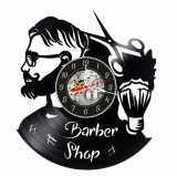 Ceas de perete decorativ realizat din disc de vinil, Model Barber Shop, Profil Barbat cu Barba, Foarfeca si Pamatuf de Barbierit, Negru Premium, 30 cm