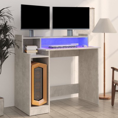 vidaXL Birou cu lumini LED, gri beton, 97x90x45 cm, lemn compozit foto