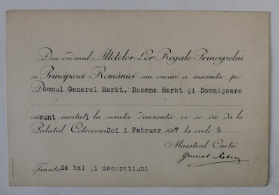 MARESALUL CURTII REGALE ROMANE - INVITATIE DIN INALT ORDIN PENTRU DL. GENERAL ENRIC HERKT CU FAMILIA , LA SERATA DANSANTA DIN DATA DE 1 FEBRUARIE foto