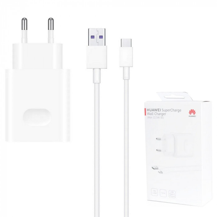 Incarcator pentru Priza, Fast Charging, 22.5W + Cablu Type-C, 5A, 1m, Huawei CP404 (HW-100225E00), White (Bister Packing)