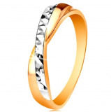 Inel din aur de 14K - braţe bicolore, intersectate, crestături mici - Marime inel: 52