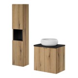 Set mobilier baie 60 cm cu lavoar si coloana, stejar si negru