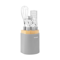 Set ustensile de bucatarie Bewello, 125 x 105 x 165 mm, 6 piese, maner inox, suport inclus, Gri foto