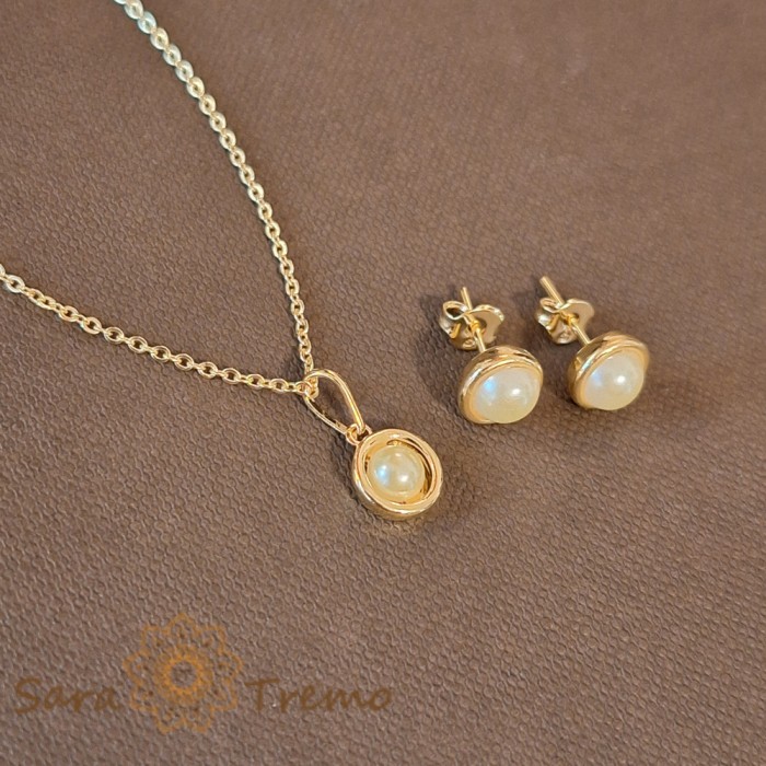 Set bijuterii placate cu aur - perle eco cu aspect de luna plina