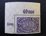 Germania Republica de la Weimar 1923 Inflație "4000 Mark" (Timbrul MNH cu Colț Superior St&acirc;nga de Coliță, Marcaje 40000 &amp; 4000) - FD1