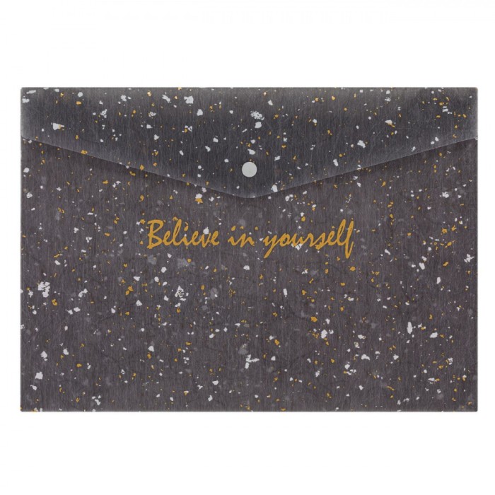 Mapă Plastic Folie, Model Believe in Yourself, Mesaj Auriu, Culoare Gri, Dimensiuni 33x23.5 cm