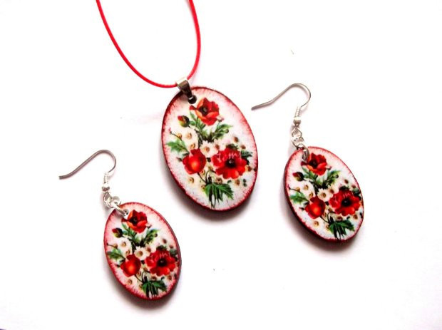 Set bijuterii lemn cu flori rosii si albe, set pandantiv si cercei 40456 |  Okazii.ro