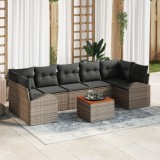 vidaXL Set canapea de grădină 8 pcs Gri Mare Ratan, Poliester, Lemn