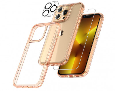 Husa TAURI pentru iPhone 13 Pro Max, cu 2 folii protectie pentru camera, auriu roz - RESIGILAT foto
