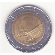 Italia 500 lire 1990, scriere Braille - bimetalică.