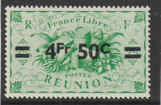 Reunion 1945-Produse nationale,Dantelat,supratipar,4,50 fr./25 c, MNH , Mi.300