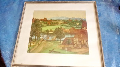 E27-Grafica color-acuarela veche-Peisaj localitate sateasca amplu bine executat. foto