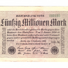 Bancnota Germania 50000000 mark/marci 1 septembrie 1923, unifata, stare buna