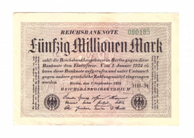 Bancnota Germania 50000000 mark/marci 1 septembrie 1923, unifata, stare buna foto
