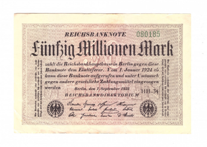 Bancnota Germania 50000000 mark/marci 1 septembrie 1923, unifata, stare buna