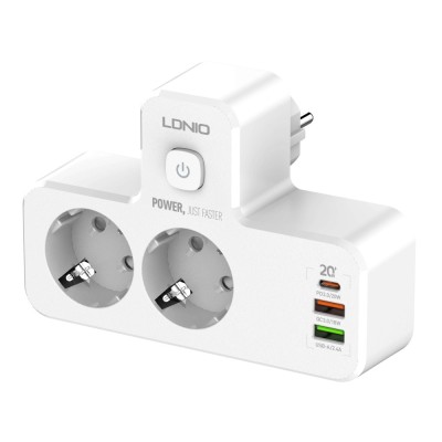 Adaptor priza LDNIO SE2337, 2 prize, 2 X USB-A, 1X USB-C, incarcare rapida QC 3.0, 10A foto