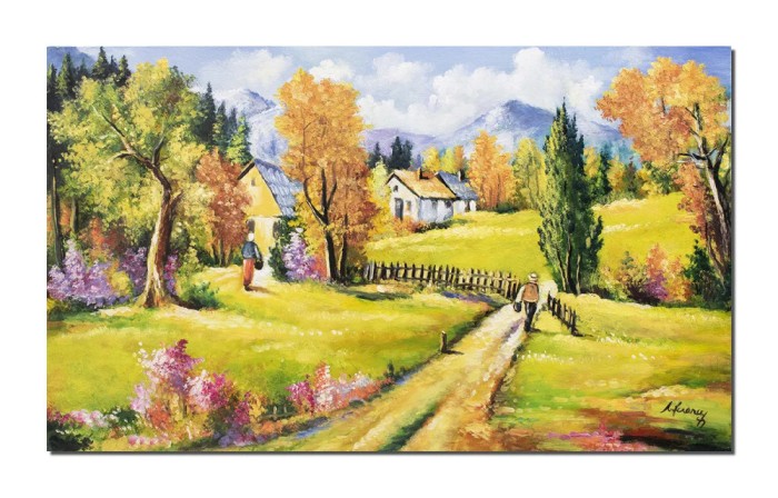 Tablou pictat manual, Amintiri din copilarie, peisaj din natura, 100x60cm pictura ulei pe panza, gata de agatat pe perete