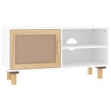 Cumpara ieftin Comoda TV, alb, 80x30x40 cm, lemn masiv pin si ratan natural