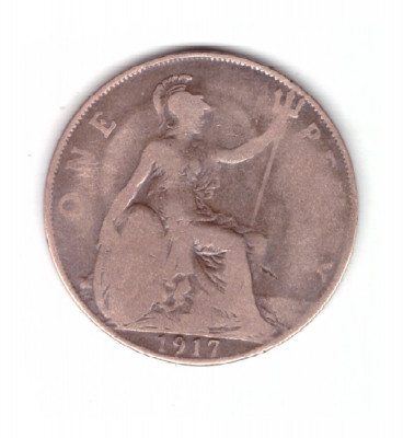 Moneda Marea Britanie 1 penny 1917, circulata, uzata foto