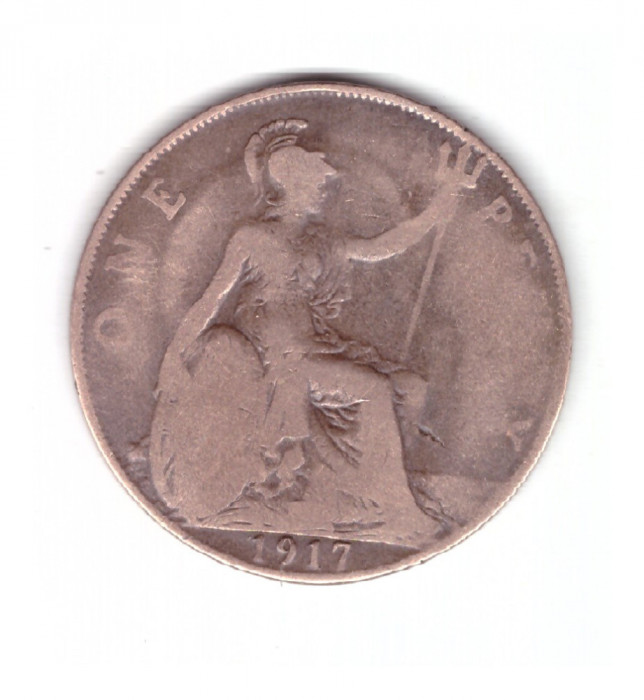 Moneda Marea Britanie 1 penny 1917, circulata, uzata