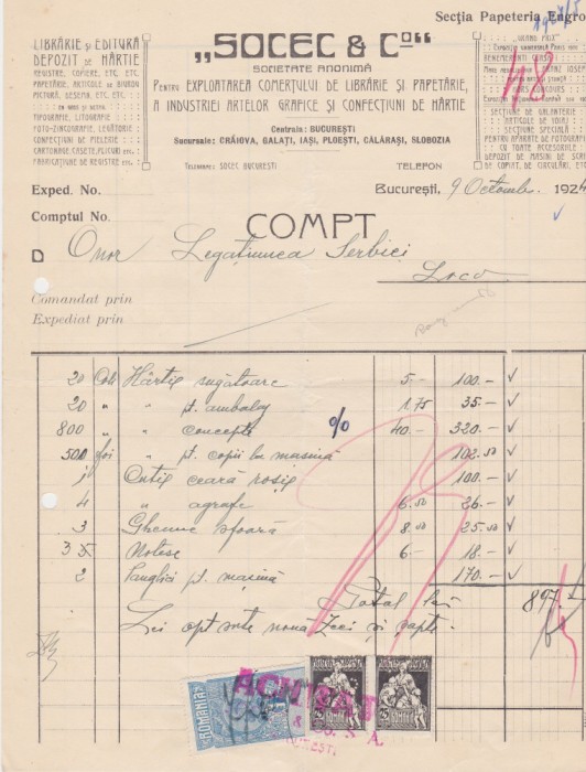 Factura Socec &amp; Co Librarie si Editura BUCURESTI 1924