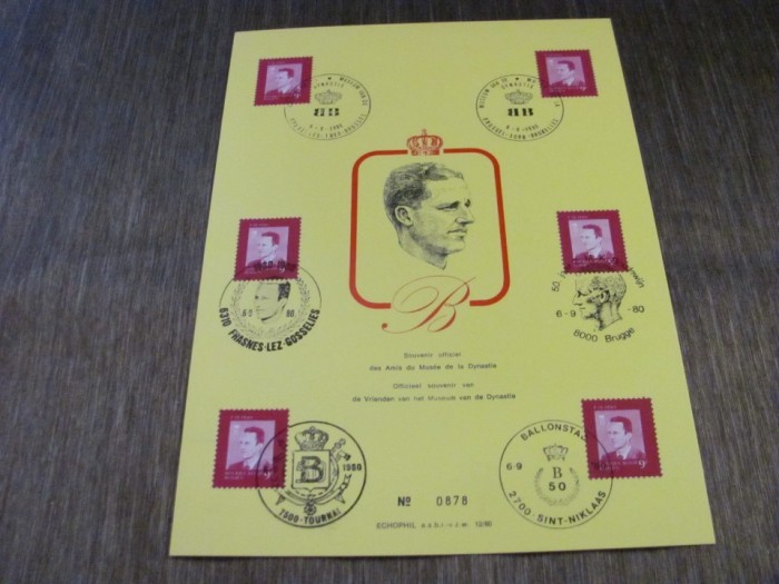6 Timbre Obliterate Carton Filatelic Belgia 1980 &ndash; Souvenir Oficial al Muzeului Dinastiei