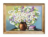 Tablou cu margarete si carti pictat manual inramat, Puritate, 80x60cm ulei panza, rama din lemn, Constantin Feraru