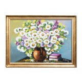 Tablou cu margarete si carti pictat manual inramat, Puritate, 80x60cm ulei panza, rama din lemn