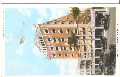 SUA PONCE DE LEON HOTEL OLD CARS MIAMI FLORIDA VINTAGE POSTCARD WHITE BORDER foto