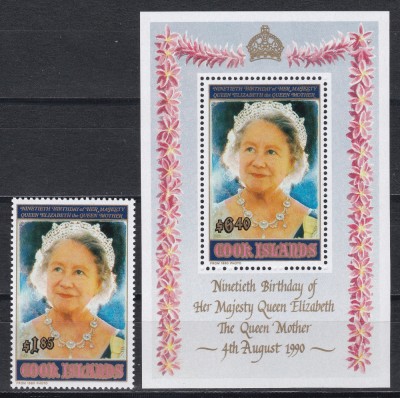 Insulele Cook 1990 -A 90-a aniversare a nașteri, Reginei Mamă, Serie+Colita, MNH foto