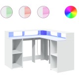 Cumpara ieftin Birou cu lumini LED, alb, 130x130x91 cm, lemn prelucrat