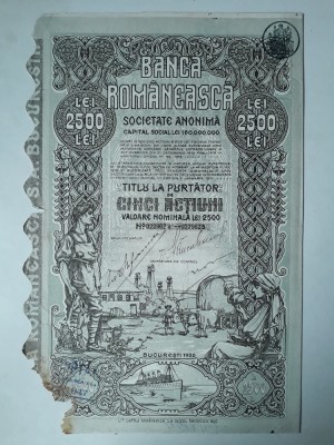 2500 Lei 1920 Banca Romaneasca actiuni vechi / Romania 228625 foto
