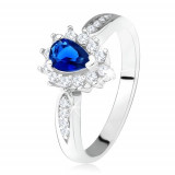 Inel lucios - argint 925, zirconiu albastru &icirc;nchis - lacrimă, ştrasuri transparente - Marime inel: 55