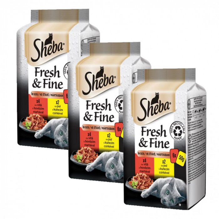 Sheba Fresh &amp;amp; Fine pungi pentru pisici, pui și carne de vită 3 x (6 x 50 g)