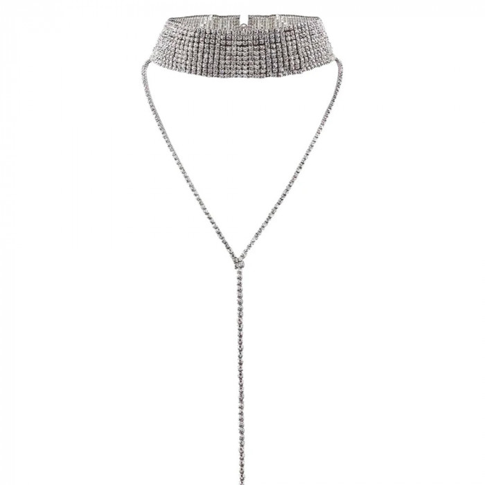 Colier Kira, argintiu, lung, tip choker, decorat cu zirconiu - Colectia Glamour