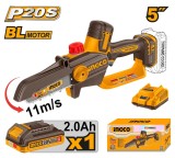 Fierastrau de mana INGCO CGSLI20561E, 20V, Brushless, lama 13cm / 5&rdquo;, ungere automata, lant 1/4&rdquo;, viteza 11m/s, 36 zale, acumulator 2Ah, incarcator si