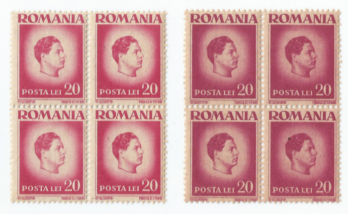 *Romania, LP 188/1945, Uzuale - Mihai I, hartie gri, bloc de 4, eroare 3, MNH
