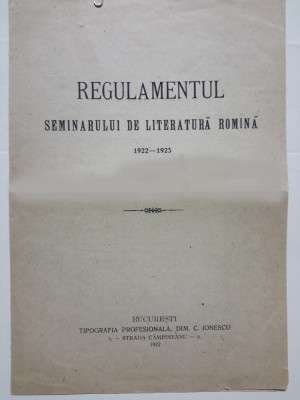 M.Dragomirescu, Regulament Seminar de Literatura romana, 1922 foto