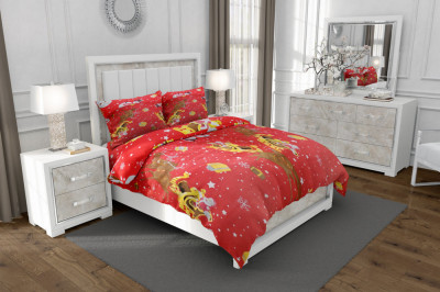 Lenjerie de pat pentru o persoana cu husa elastic pat si 2 fete perna patrata, Christmas land, bumbac ranforce, gramaj tesatura 120 g/mp, multicolor, foto