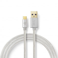 Cablu USB 2.0 A tata - USB-C, 1m, argintiu/textil, Nedis
