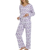 Set pijamale femei cu imprimeu animalier, decolteu &icirc;n V, cu m&acirc;neci lungi și buzunare, rib &ndash; Mov L