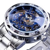 Cumpara ieftin Ceas Barbatesc Mecanic Winner Hefaistos Argintiu, Skeleton, Otel Inoxidabil, Cadran Albastru, Automatic, Cutie Cadou