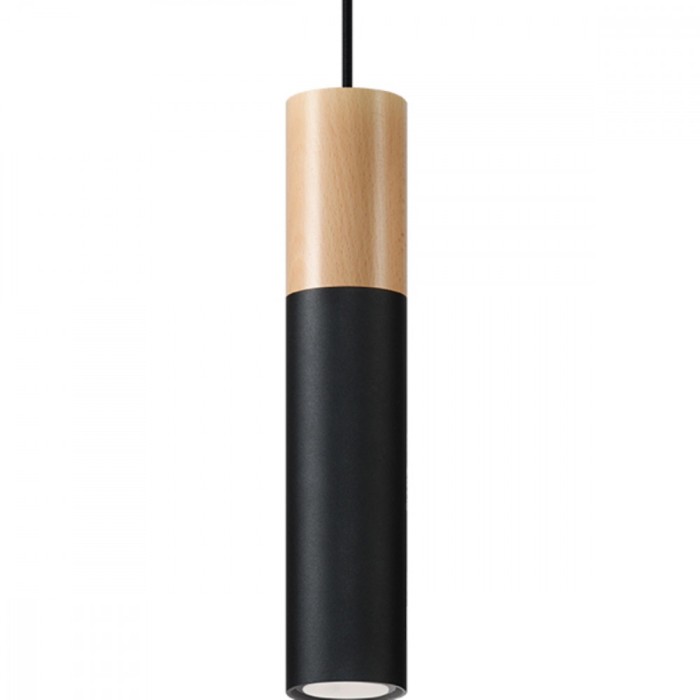 Lampă Suspendată Pablo Lemn Natural/Negru Oțel/Lemn 1 Bec Tub Modern De Interior