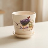 Ghiveci Ceramic Lavender cu Farfurioara si Gaura de Drenaj, 9 cm, Crem